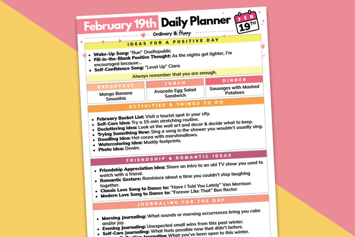 february 19th daily planner printable tilted to the left displayed on a diagonal block color red and orange backdrop