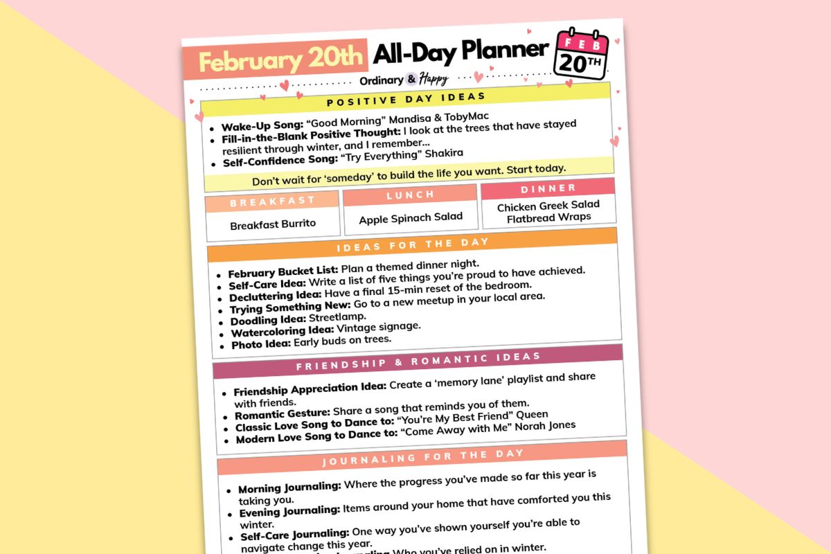 february 20th daily planner printable laid out on a pink and yellow backdrop