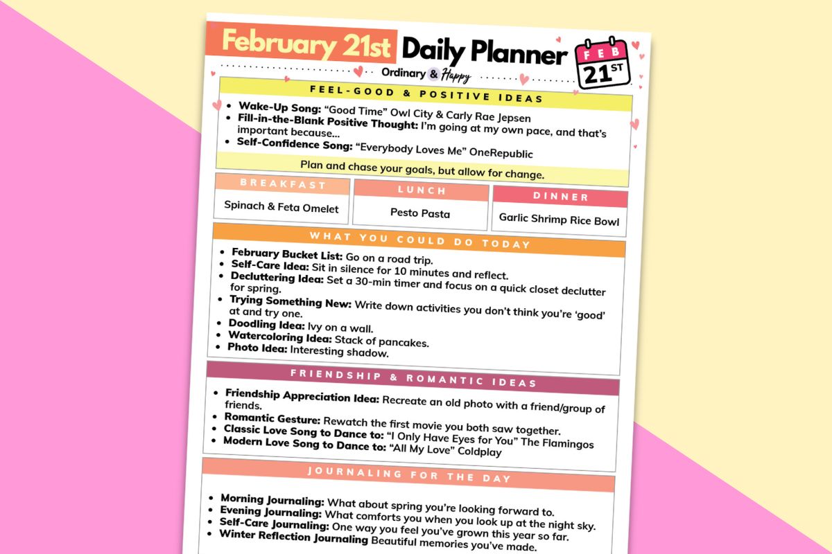 february 21st daily planner printable displayed on a crimson and light yellow 2-color background
