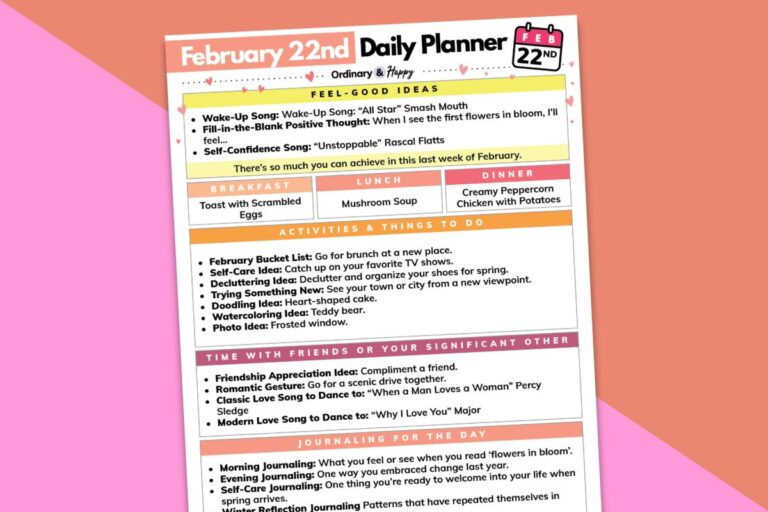 february 22nd daily planner printable tilted to the left displayed on a pink and red-orange backdrop