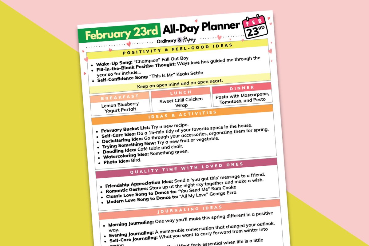 february 23rd planner tilted to the left displayed on a diagonal block color pink and yellow backdrop
