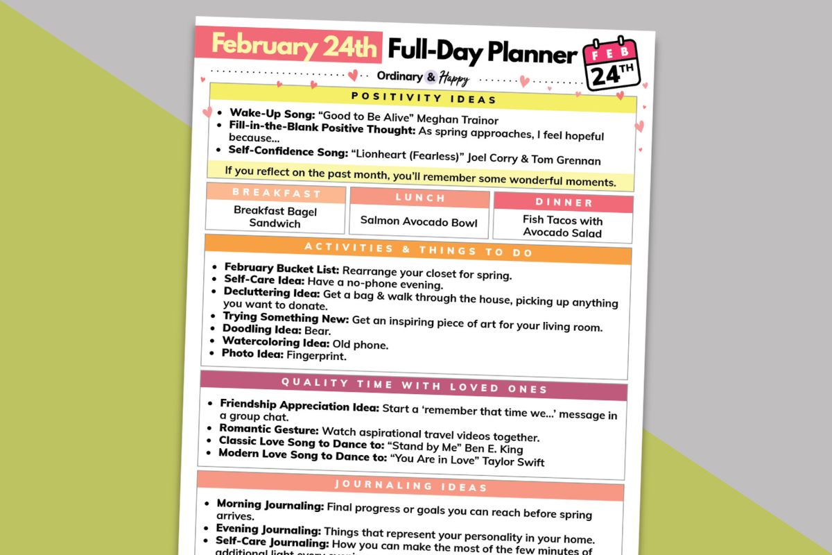 february 24th daily planner printable partially visible displayed on a pink and orange block color backdrop