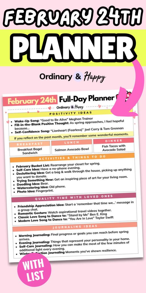 february 24th printable planner displayed on a pink background