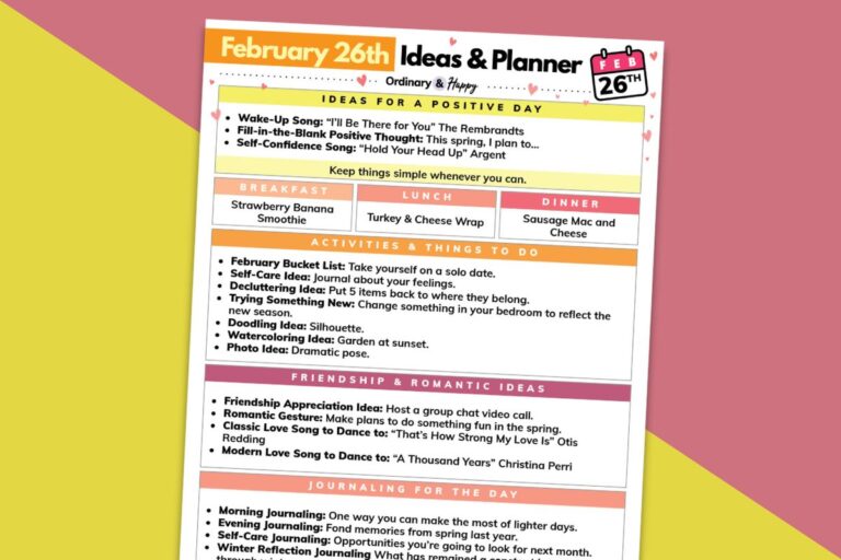 february 26th daily planner displayed on a yellow and red block color background