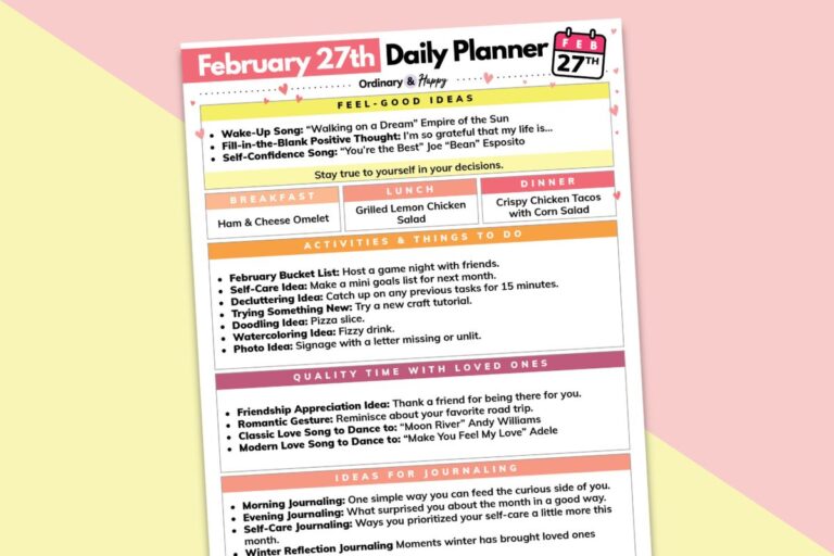 february 27th daily planner printable partially visible and tilted to the left on a pink and light yellow background