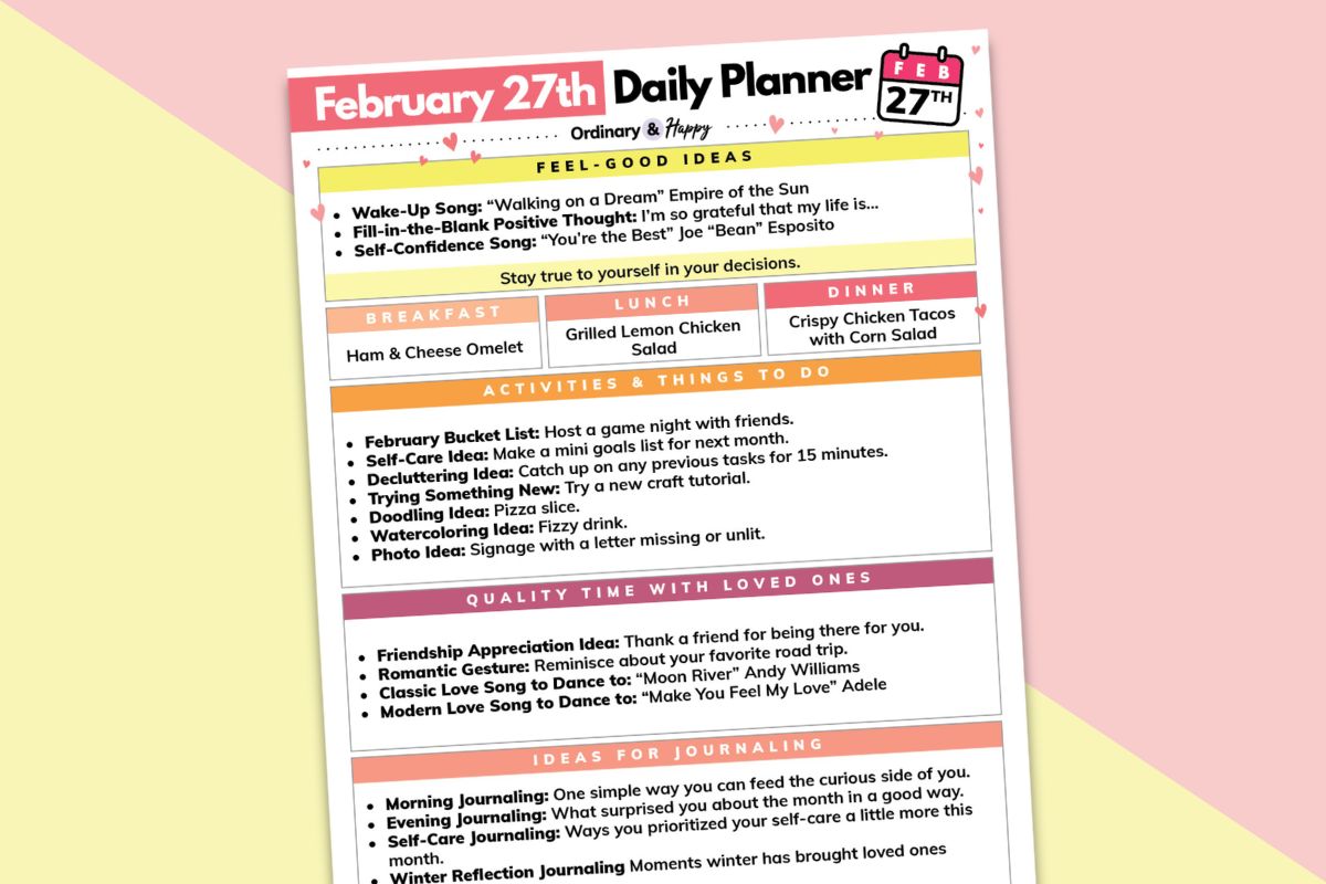 february 27th daily planner printable partially visible and tilted to the left on a pink and light yellow background
