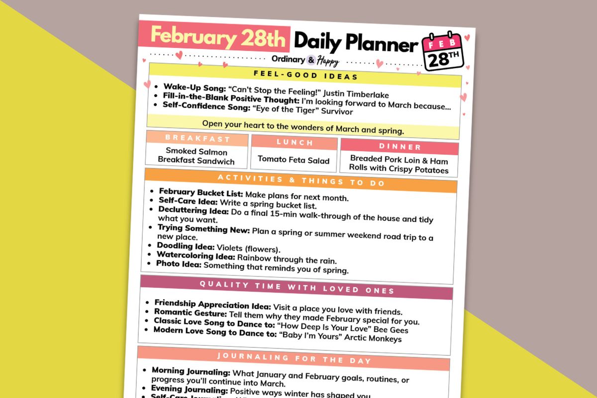 february 28th daily planner printable on a yellow and pink backdrop