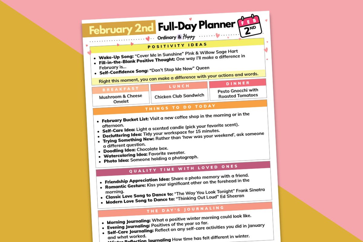 february 2nd daily planner printable displayed on a red and orange block color background