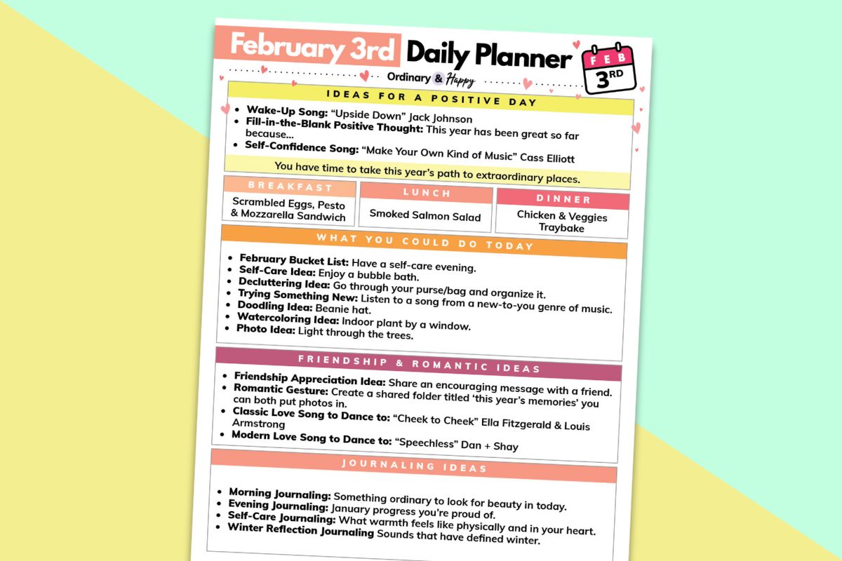 february 3rd daily planner printable displayed on a yellow and teal 2-color background