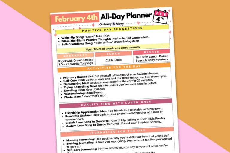 February 4th planner printable displayed on a pink and orange block color background