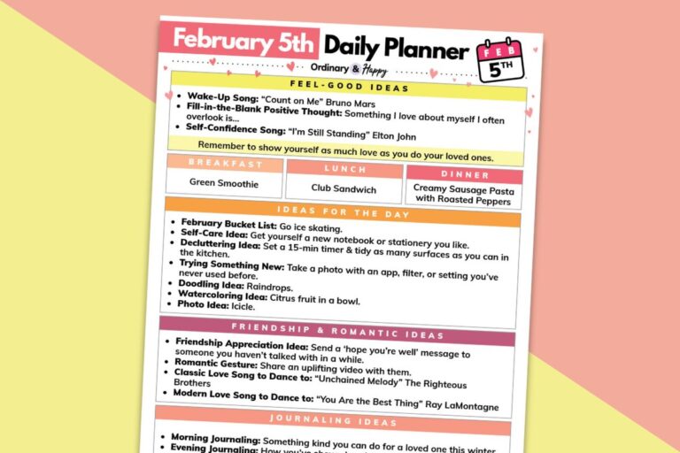 February 5th planner printable displayed on a peach and yellow block color background.