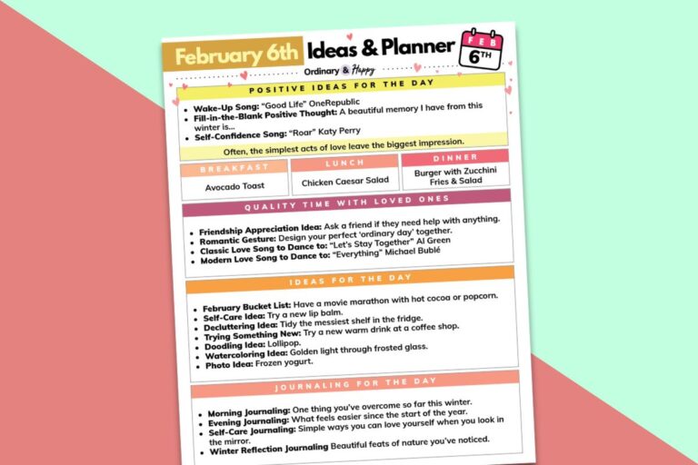 February 4th planner printable displayed on a red and light green block color background