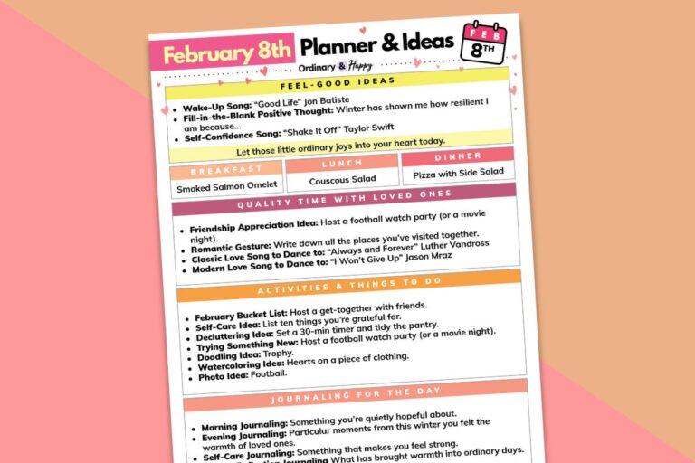 february 8th daily planner printable tilted to the left on an orange and red backdrop