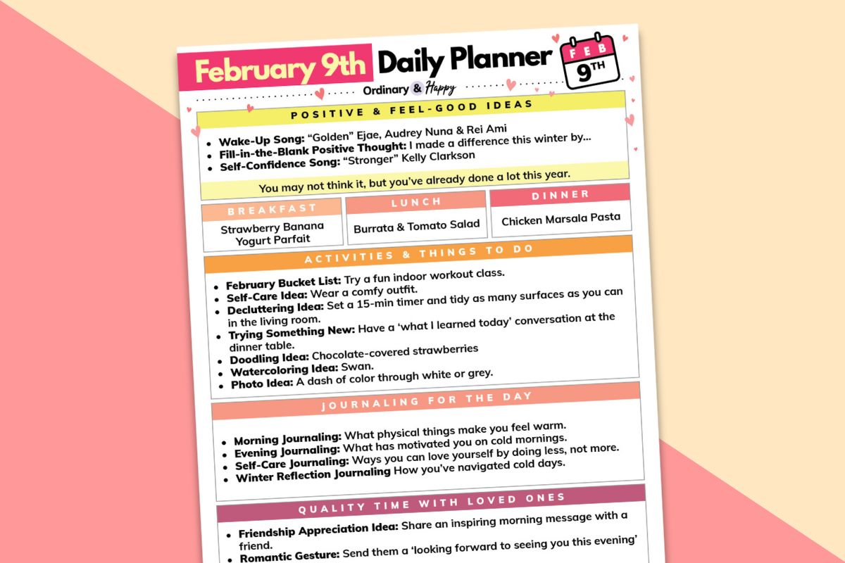 february 9th daily planner printable displayed on a coral and vanilla block color backdrop