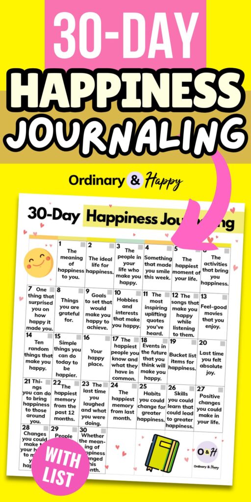 30-day happiness journaling calendar displayed on a yellow background