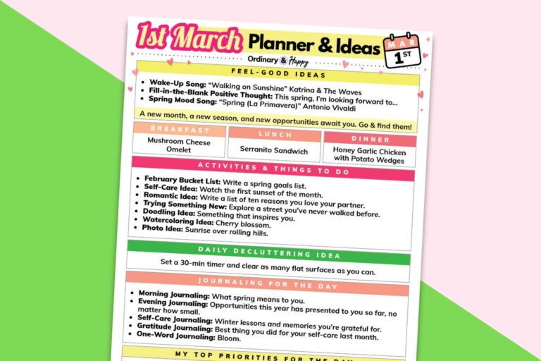 march 1st daily planner printable displayed on a diagonal green and crimson colored backdrop