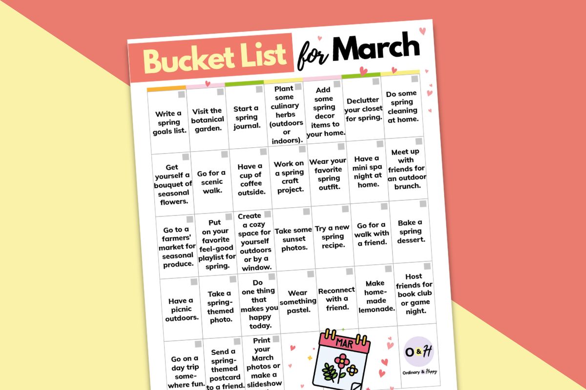 march bucket list printable displayed titled to the left on a yellow and red block color background