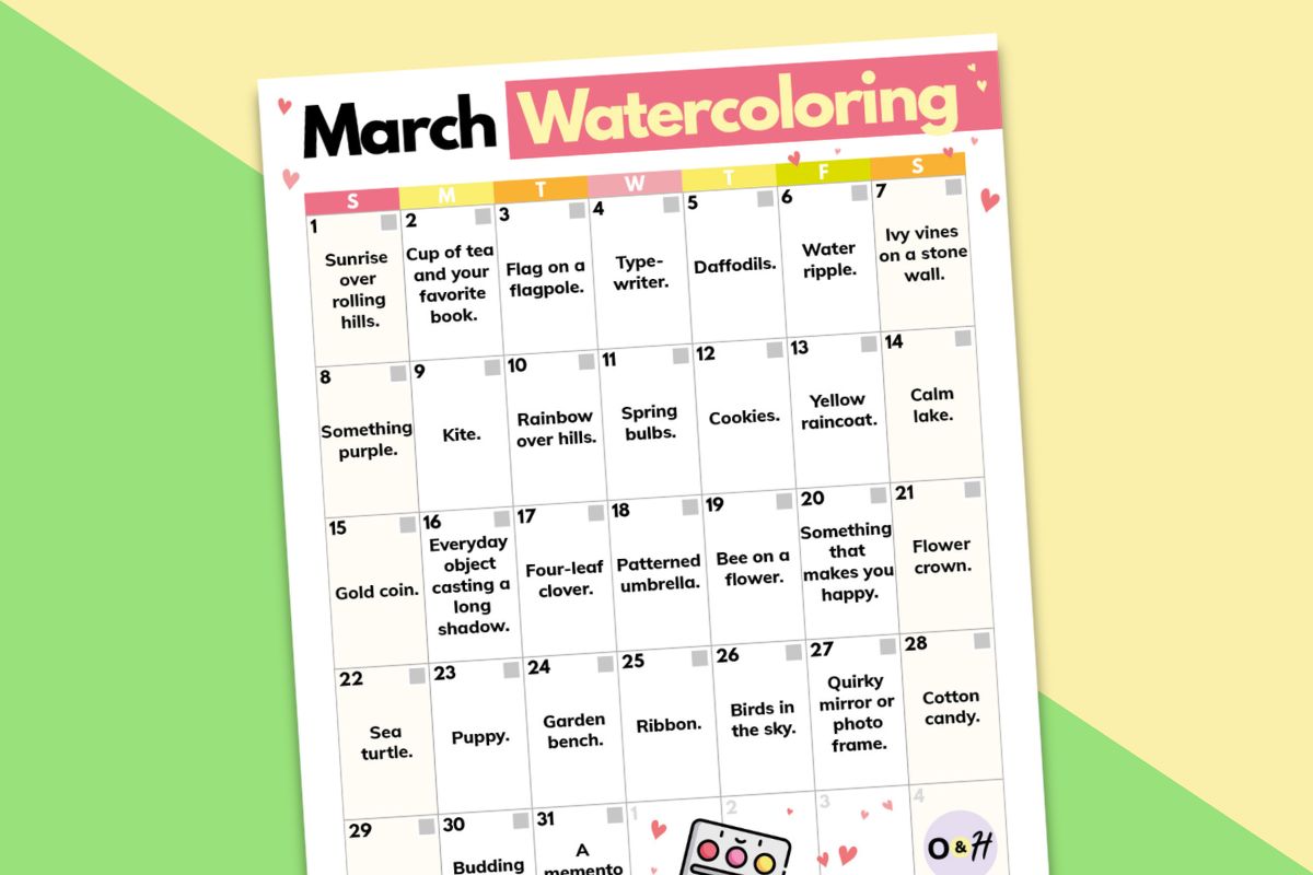 march watercoloring calendar of ideas displayed on a diagonal block color yellow and green backdrop