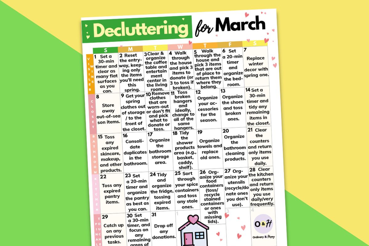 march decluttering calendar displayed on a green and yellow backdrop