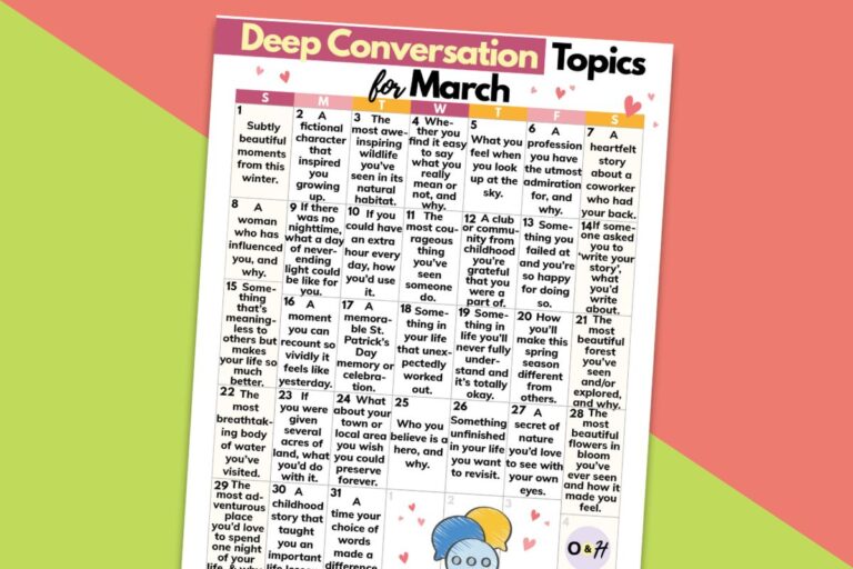 printable calendar of 31 days of deep conversation ideas for march on a red and yellow-green block color background
