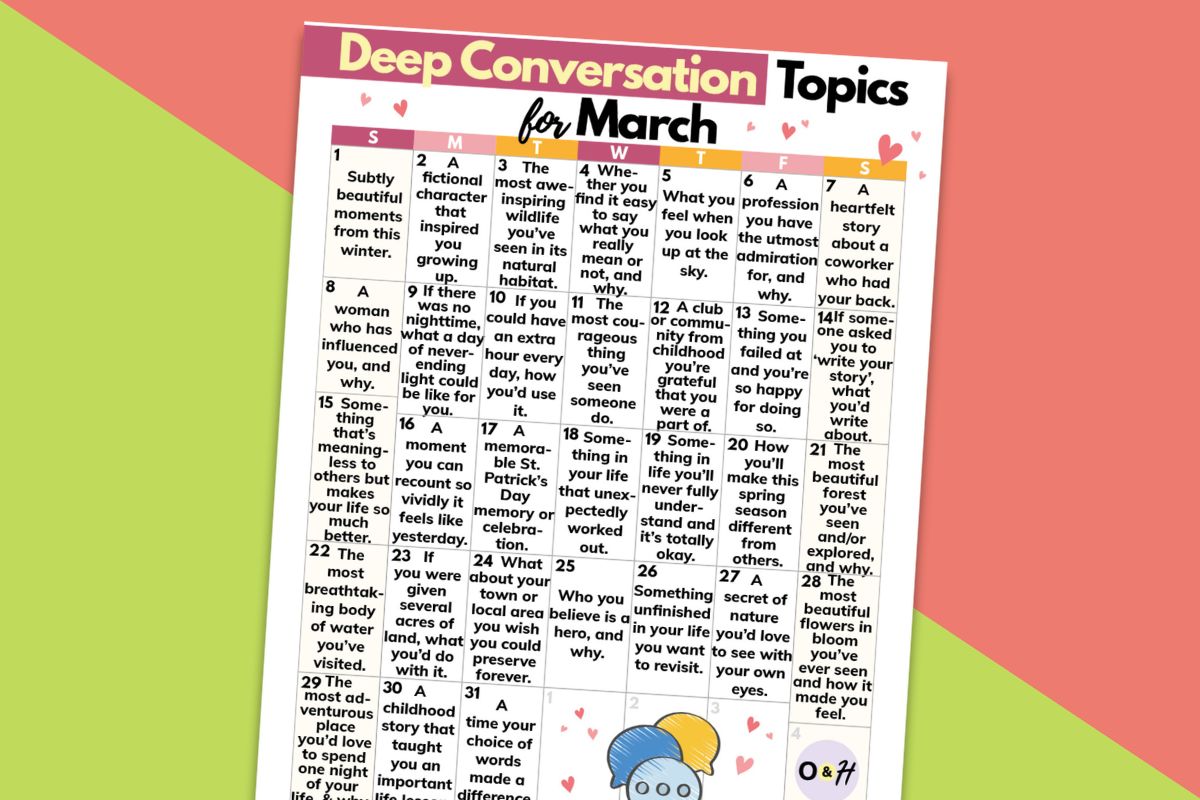 printable calendar of 31 days of deep conversation ideas for march on a red and yellow-green block color background