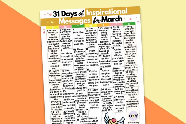 calendar of daily inspirational messages printable for march displayed on a block color yellow and orange backdrop
