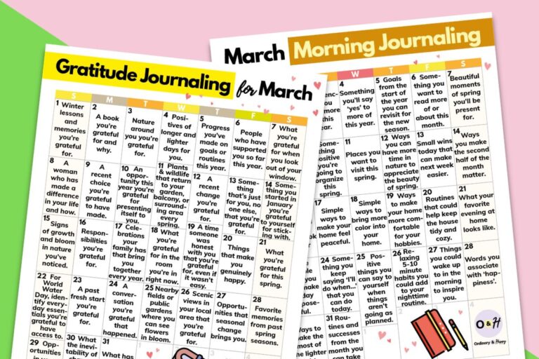march morning and gratitude journaling calendars, displayed overlapping on a green and pink block color background