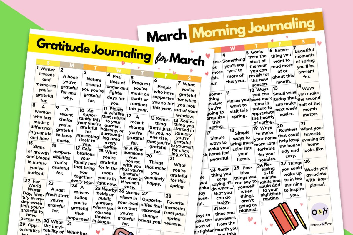march morning and gratitude journaling calendars, displayed overlapping on a green and pink block color background