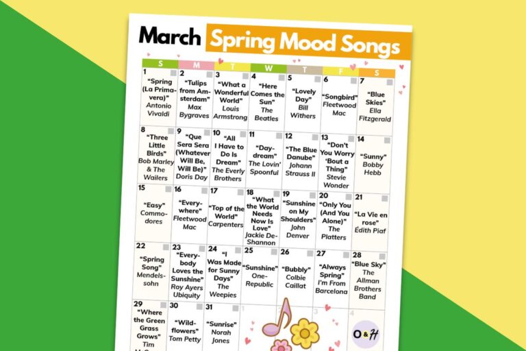 spring mood songs calendar printable on a yellow and green background