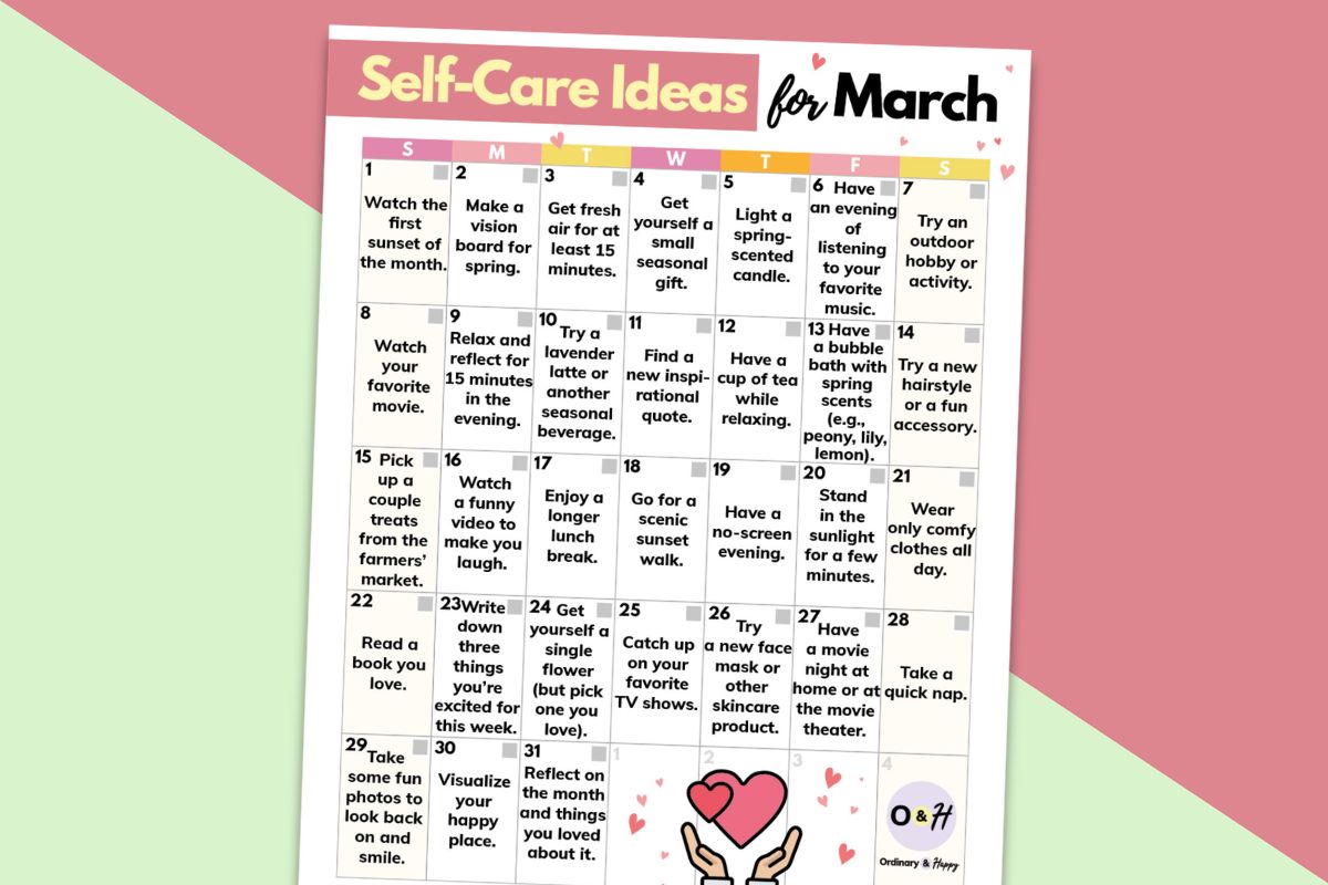 march self-care ideas calendar printable on a red and light lemon 2-color backdrop