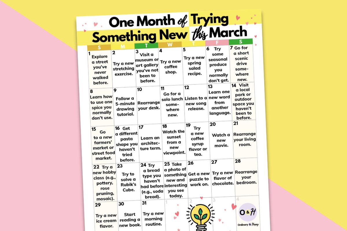 calendar printable of new things to try in march displayed on a yellow and pink diagonal 2-color background
