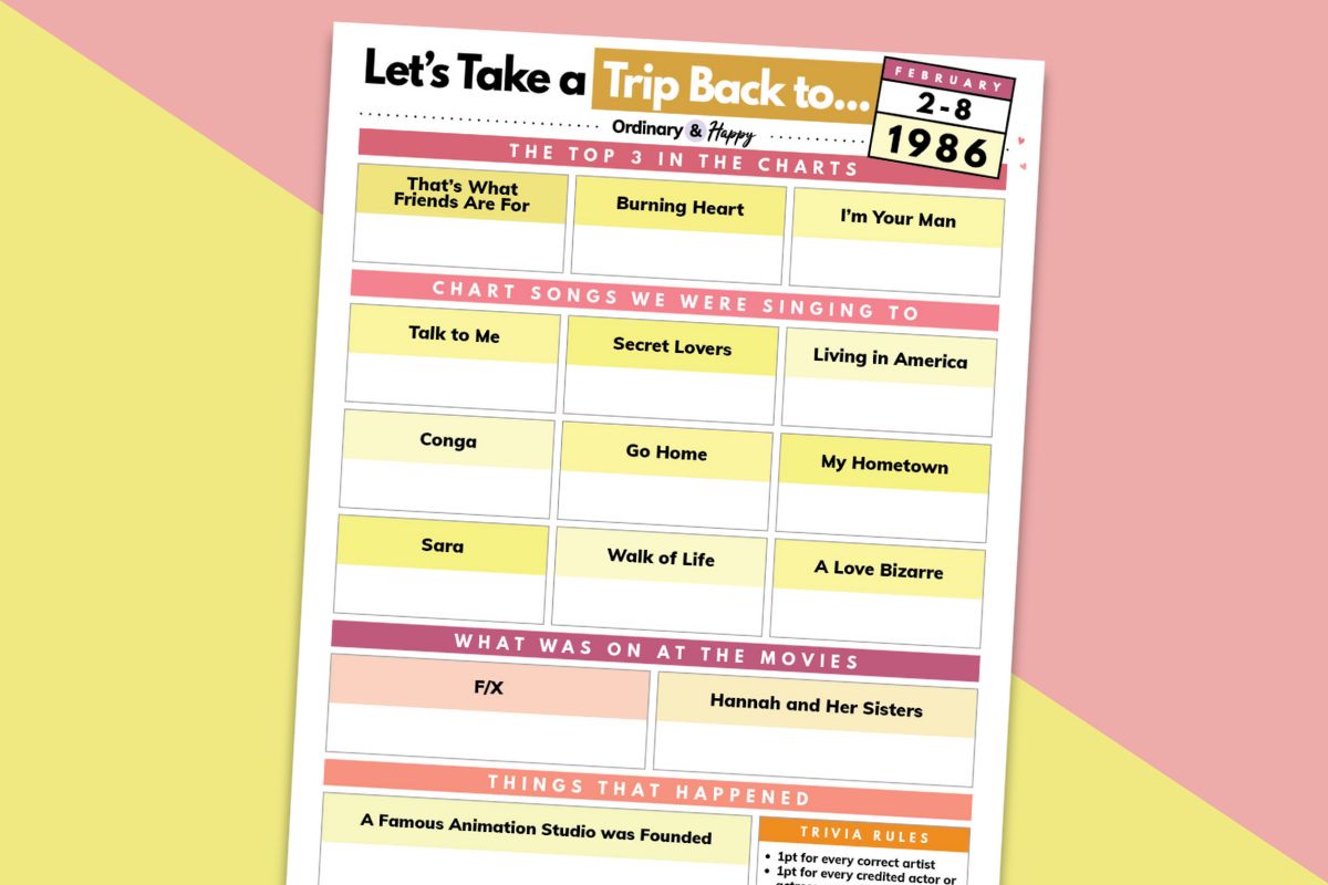 trivia page printable of songs and movies from 1986 displayed tilted to the right on a red and yellow background