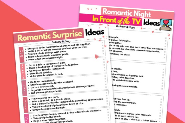 printable of romantic surprises and romantic ideas in front of the tv against a crimson and red block color background