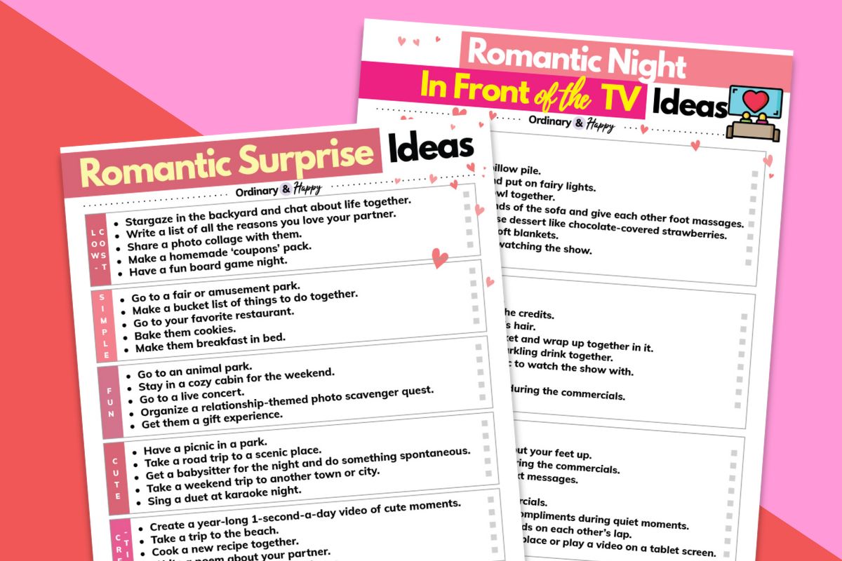 printable of romantic surprises and romantic ideas in front of the tv against a crimson and red block color background