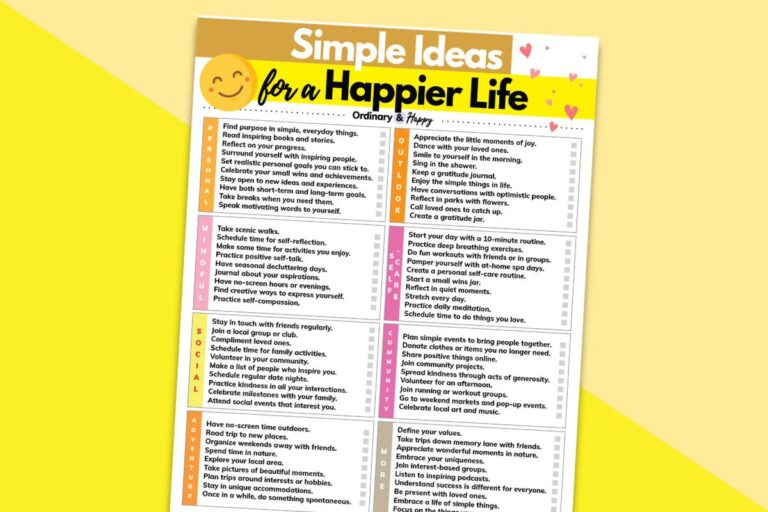 printable list of simple ideas for a happier life on a block color yellow background