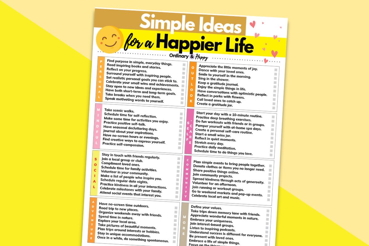 printable list of simple ideas for a happier life on a block color yellow background