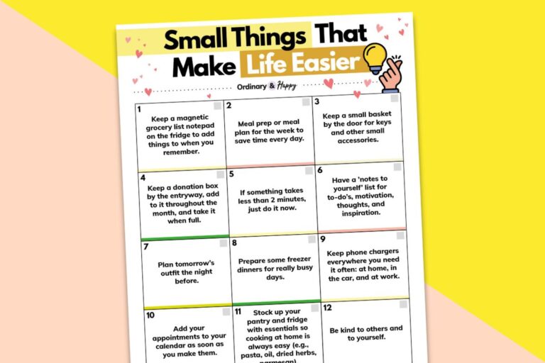 printable list of simple things that make life easier on a block color yellow and peach backdrop