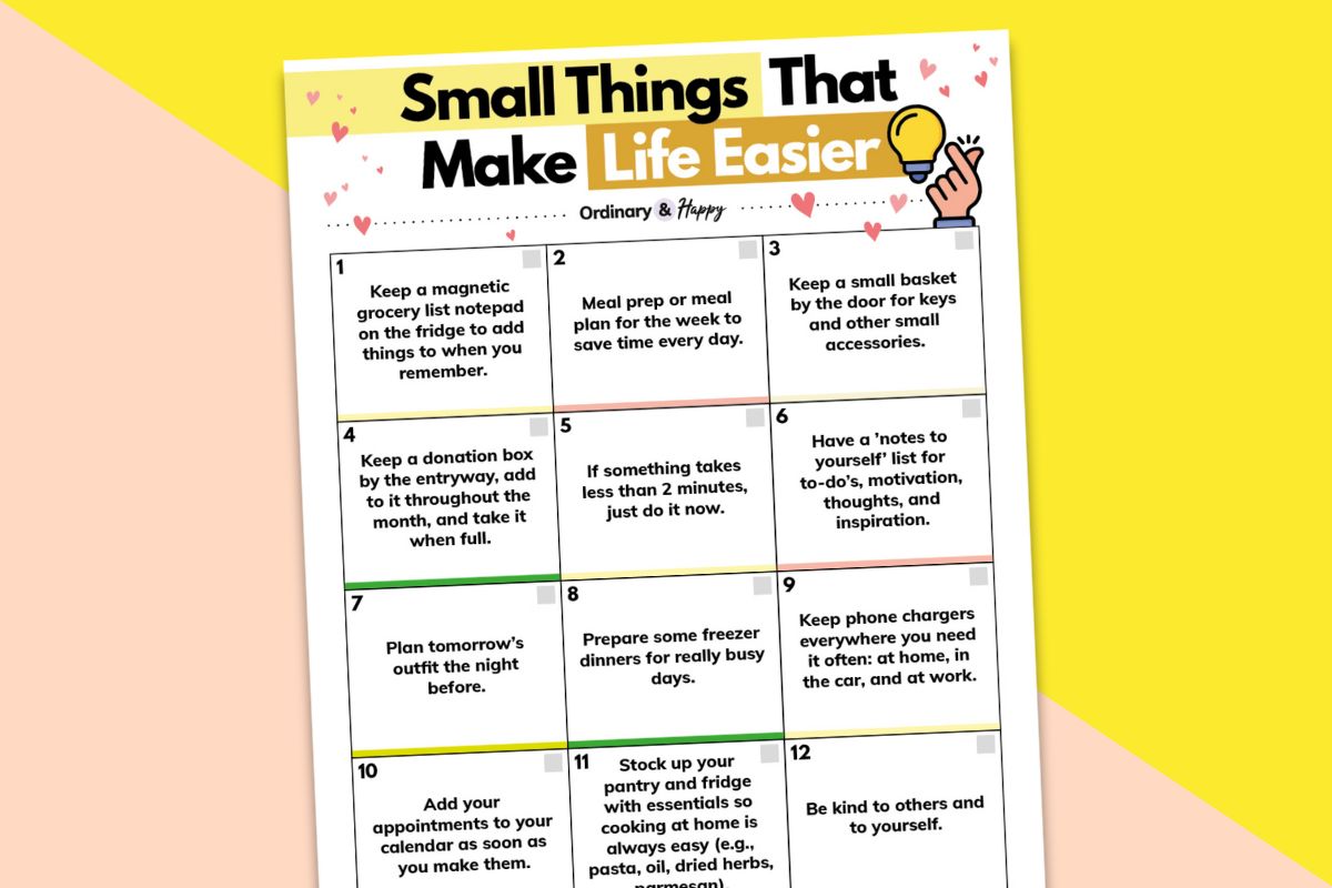 printable list of simple things that make life easier on a block color yellow and peach backdrop