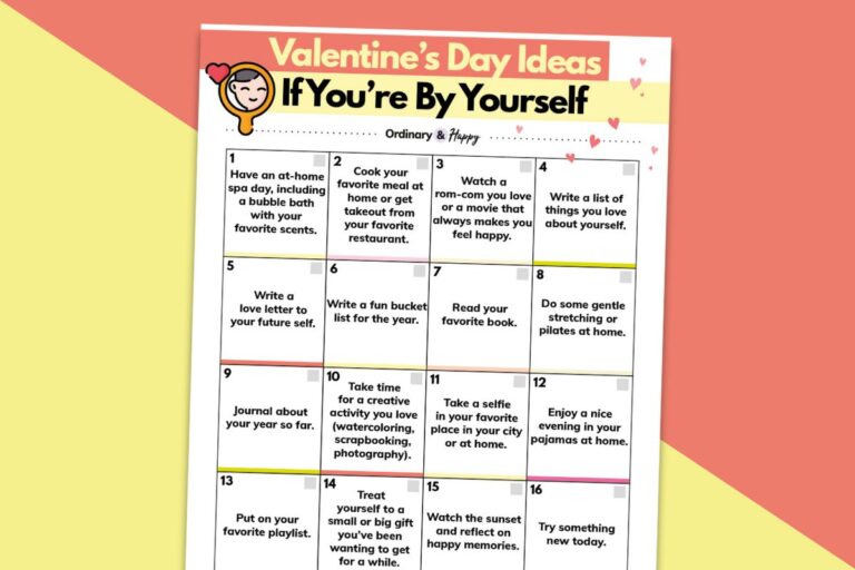 printable grid list of solo valentine's day ideas laid out on a diagonal block color red and yellow background