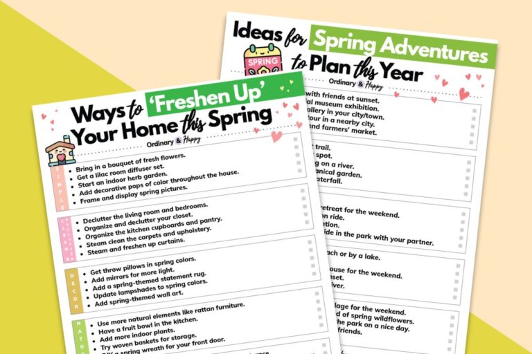 listicle printable of ways to freshen up your home from spring and spring adventures listicle printable overlapping each other on a green and yellow background