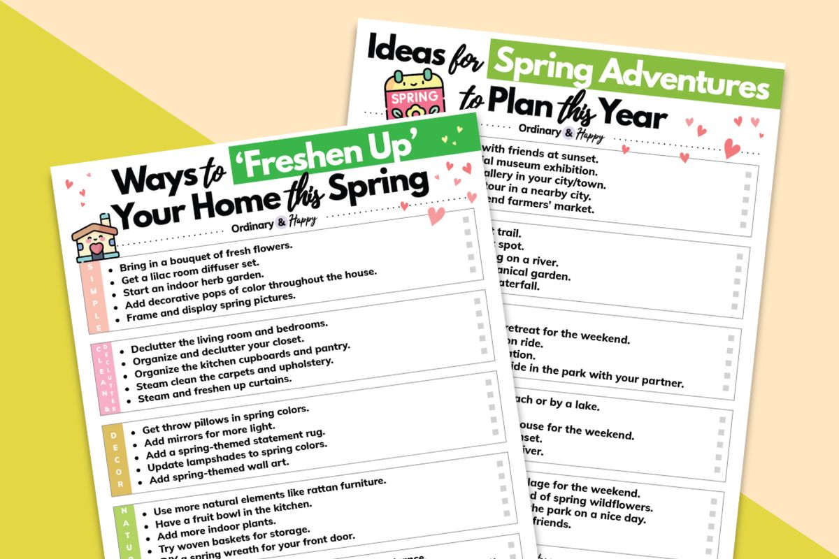 listicle printable of ways to freshen up your home from spring and spring adventures listicle printable overlapping each other on a green and yellow background