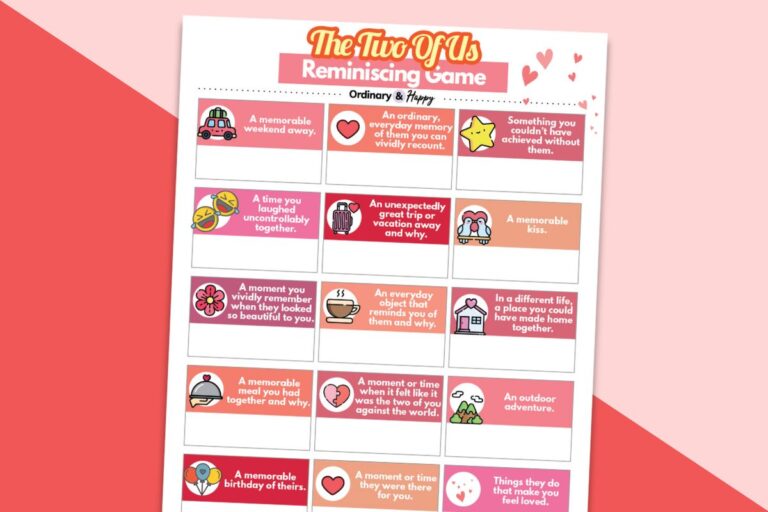 romantic conversation game printable displayed on a pink and red block color background