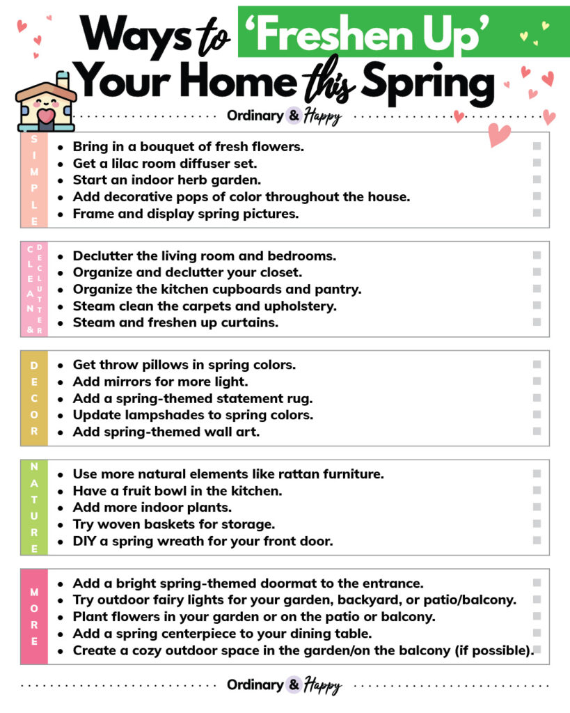list of 25 ideas to freshen up your home for the spring season displayed in sets of 5 in color-coded boxes