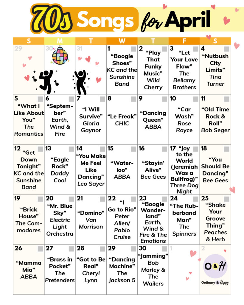 calendar of 70s songs to dance to for the month of april in a 7x5 grid