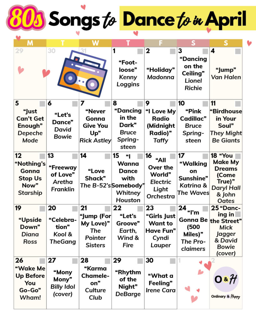 80s songs to dance to in April (in calendar format).