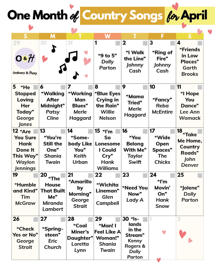 One Month of Country songs for April