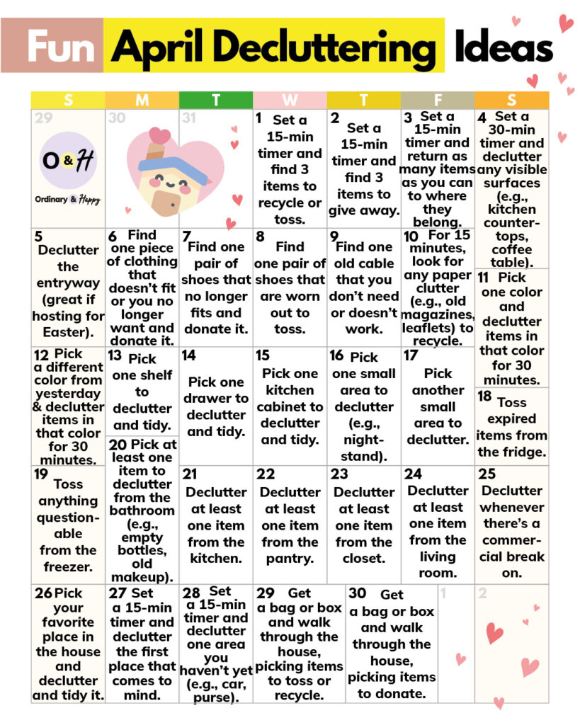 april 2026 decluttering calendar showcasing 30 decluttering ideas in a 7x5 calendar grid with color-coded days of the week