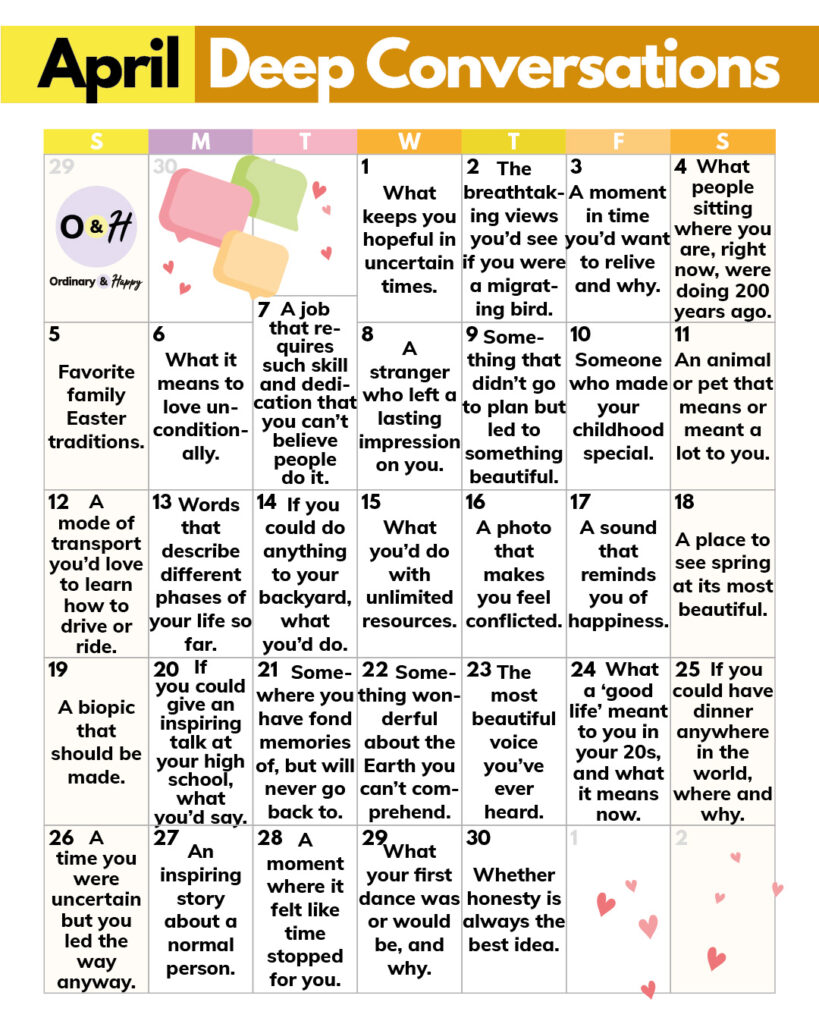 30 deep conversation ideas for april displayed in a 7x5 calendar grid with labeled days of the week