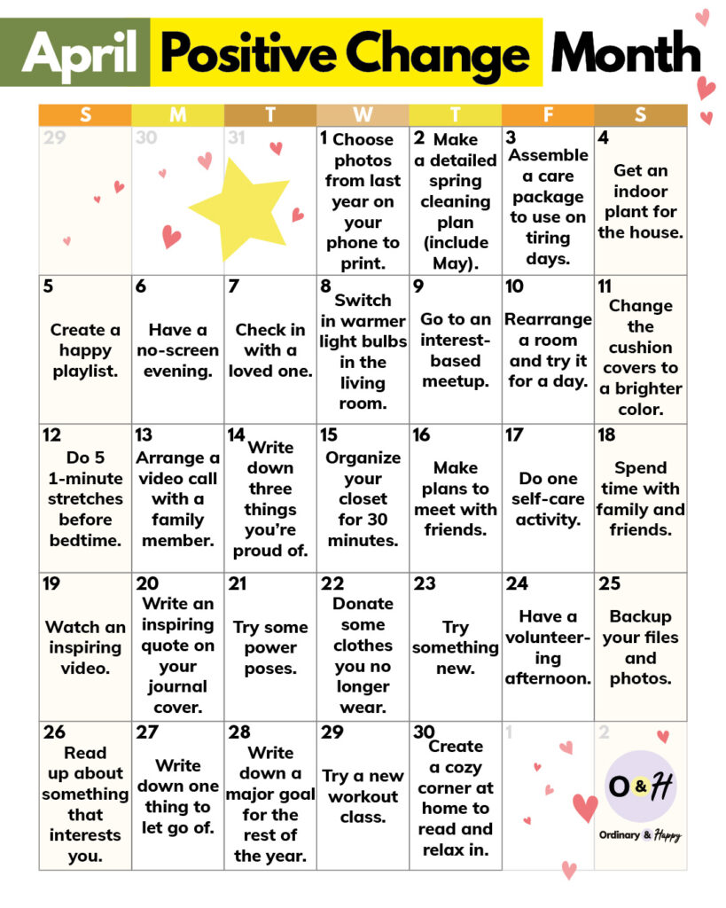 30-day april positive change challenge displaying 30 positive ideas in a 7x5 grid april calendar