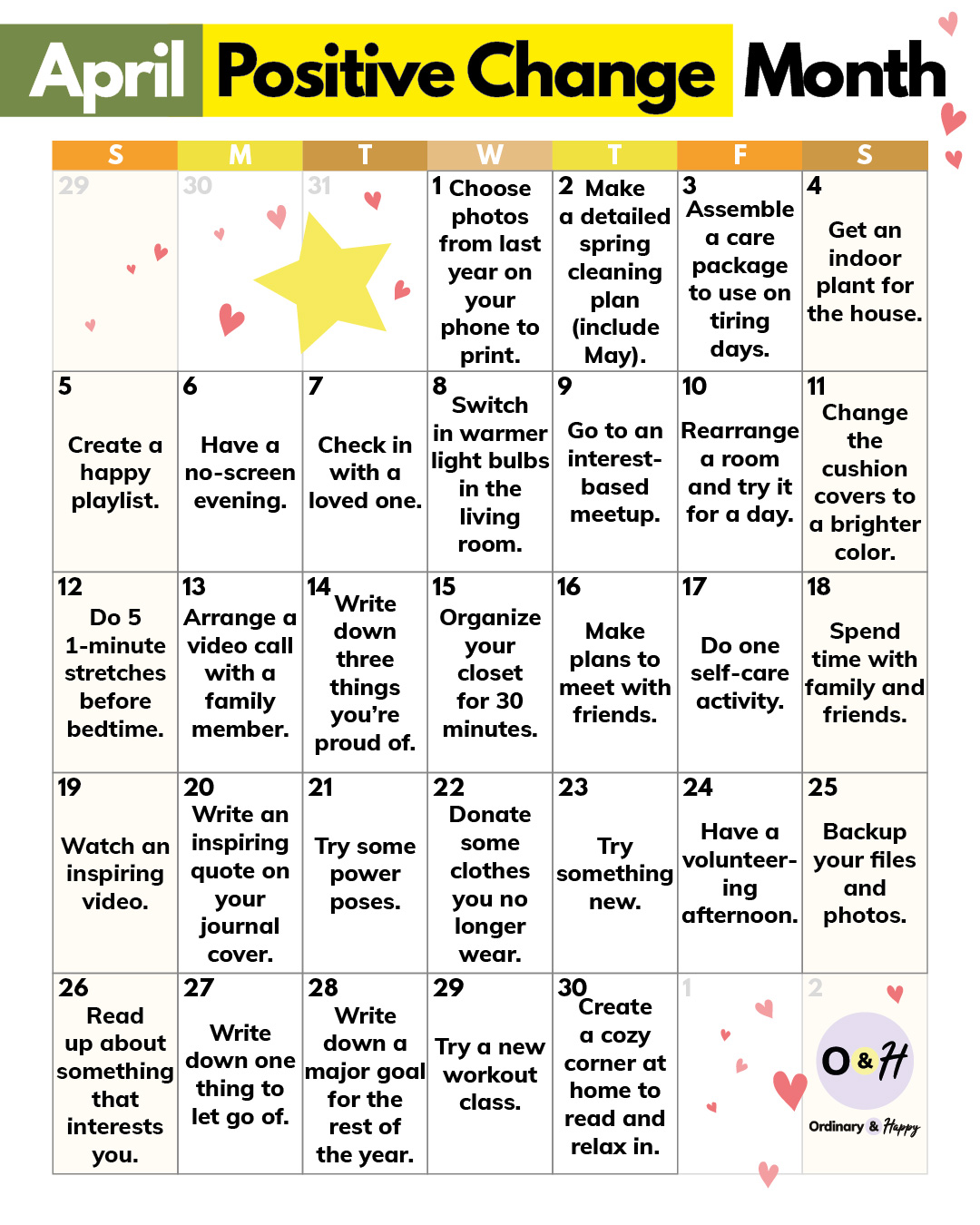 April Positive Change Ideas (30 Days of Great Ideas) - Ordinary and Happy